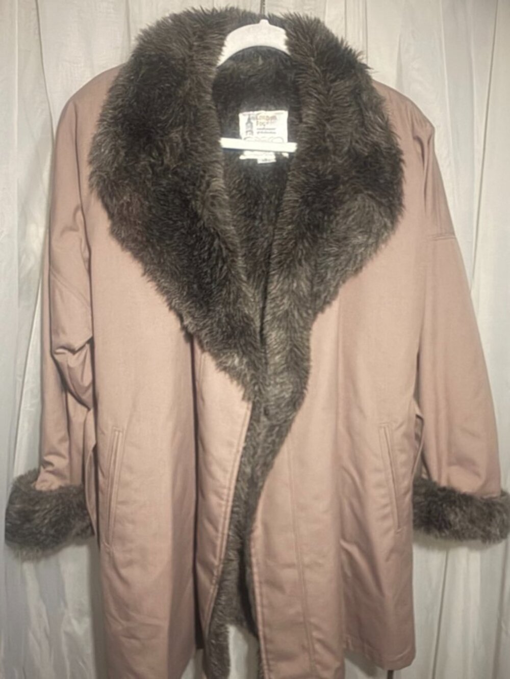 London Fog Faux Fur Trim Belted Coat Dusty Rose Size Small